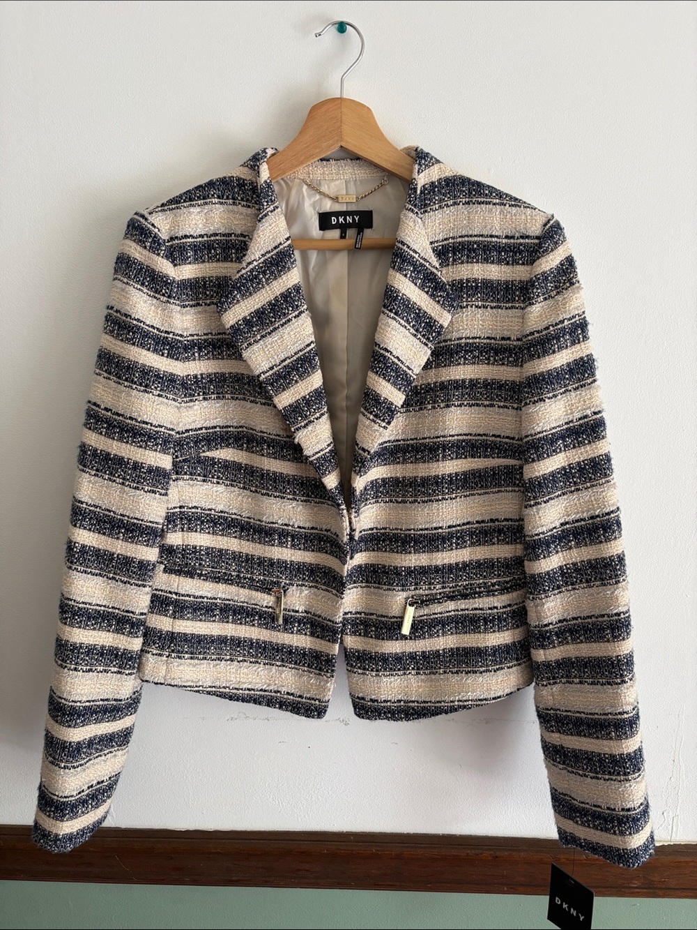 DKNY Women Navy and Cream Striped Tweed Blazer